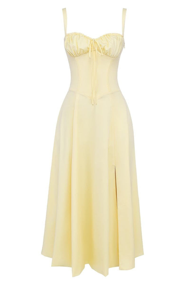 "Elegant women's corset-style waist dress with romantic sweetheart neckline and bow accent, perfect for warm-weather outings.