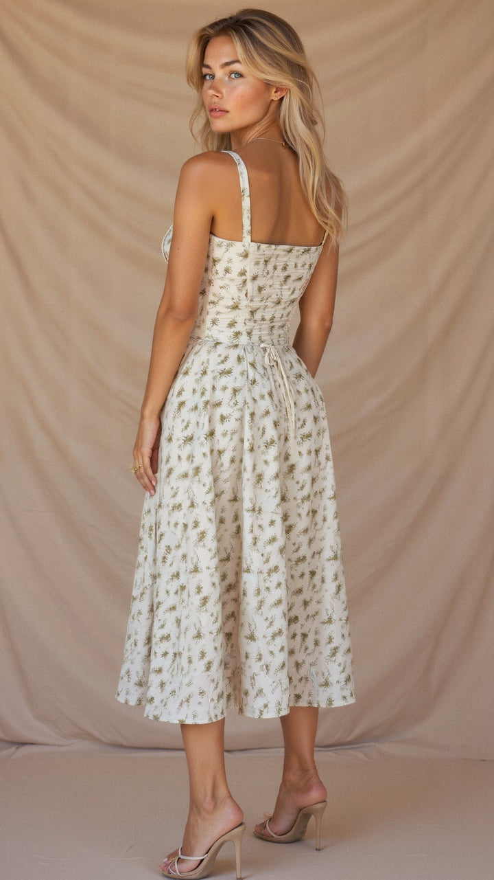 "Elegant women's corset-style waist dress with romantic sweetheart neckline and bow accent, perfect for warm-weather outings.