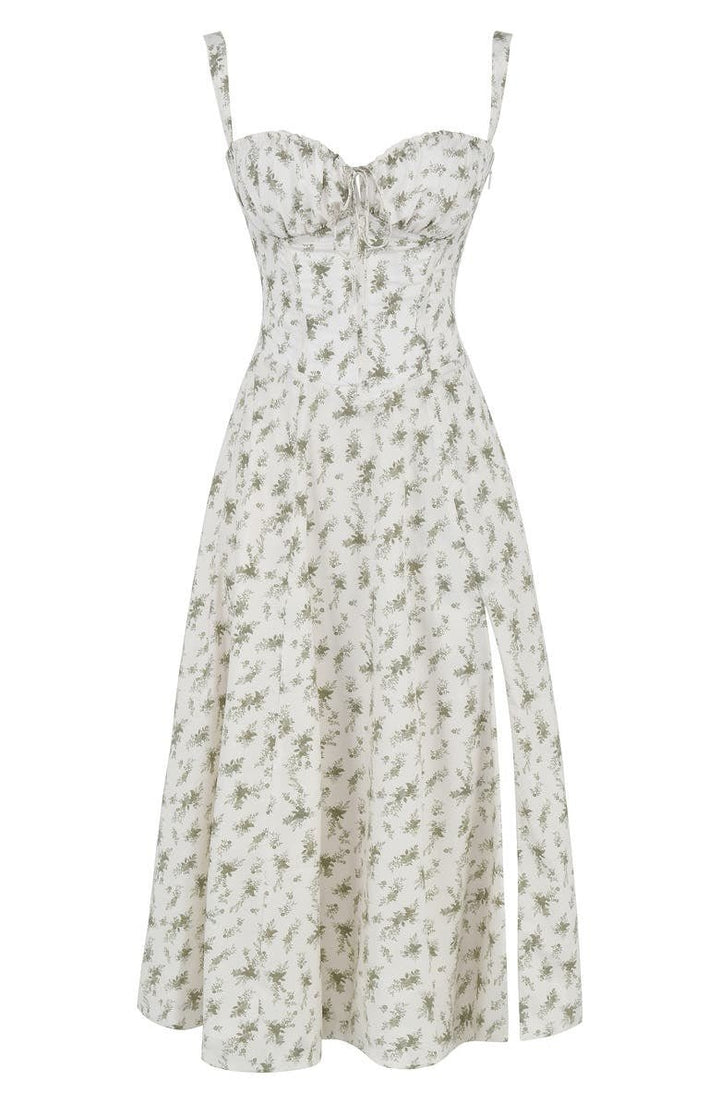 "Elegant women's corset-style waist dress with romantic sweetheart neckline and bow accent, perfect for warm-weather outings.