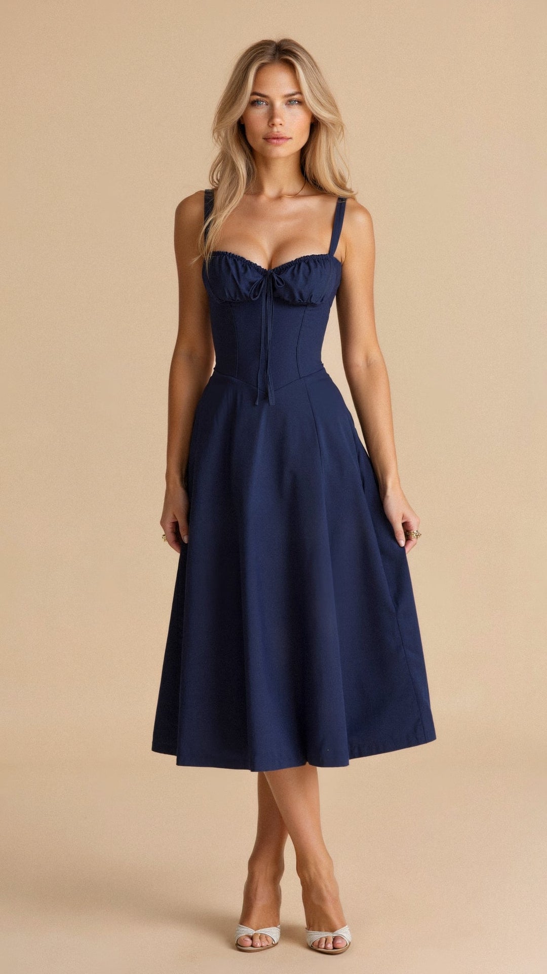 "Elegant women's corset-style waist dress with romantic sweetheart neckline and bow accent, perfect for warm-weather outings.