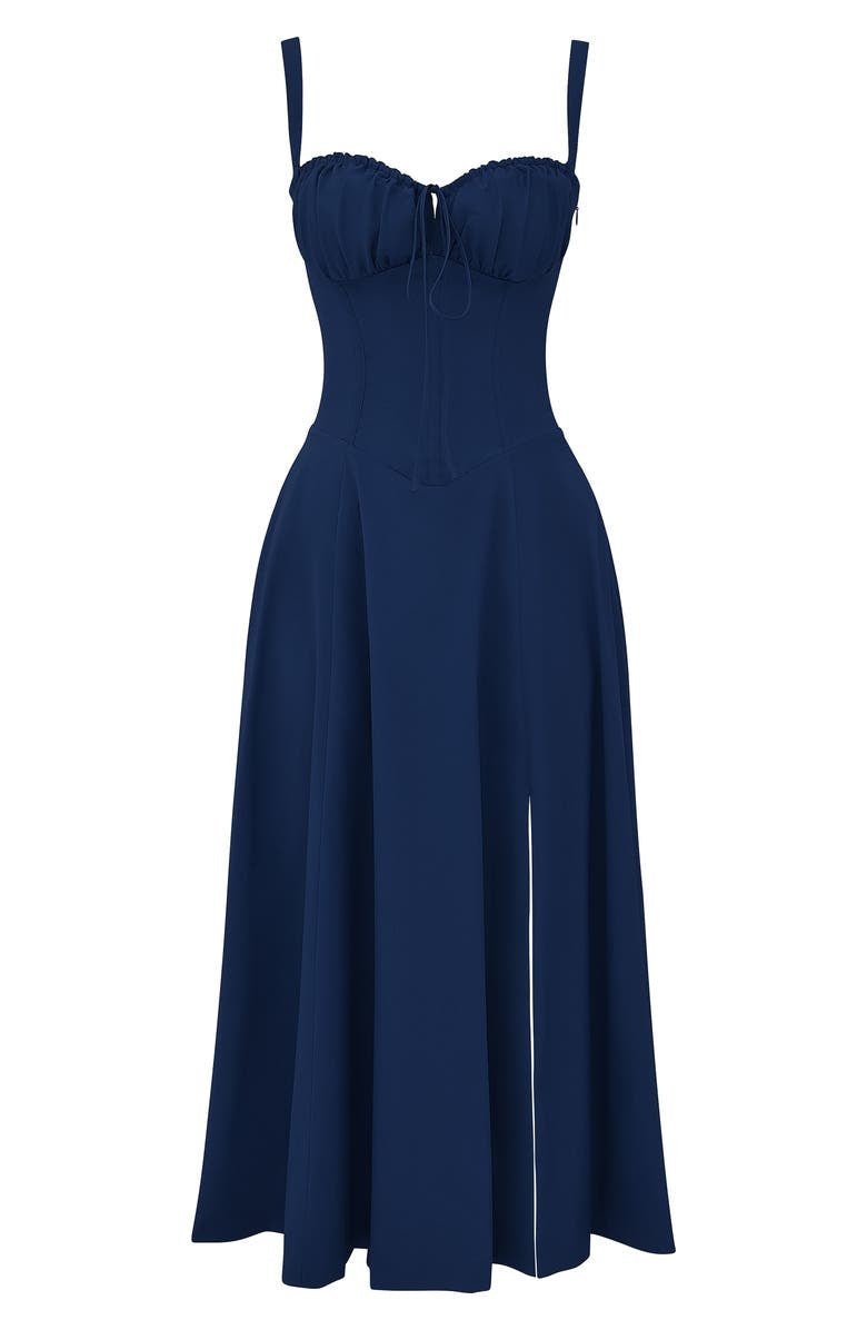 "Elegant women's corset-style waist dress with romantic sweetheart neckline and bow accent, perfect for warm-weather outings.