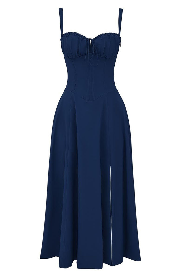 "Elegant women's corset-style waist dress with romantic sweetheart neckline and bow accent, perfect for warm-weather outings.
