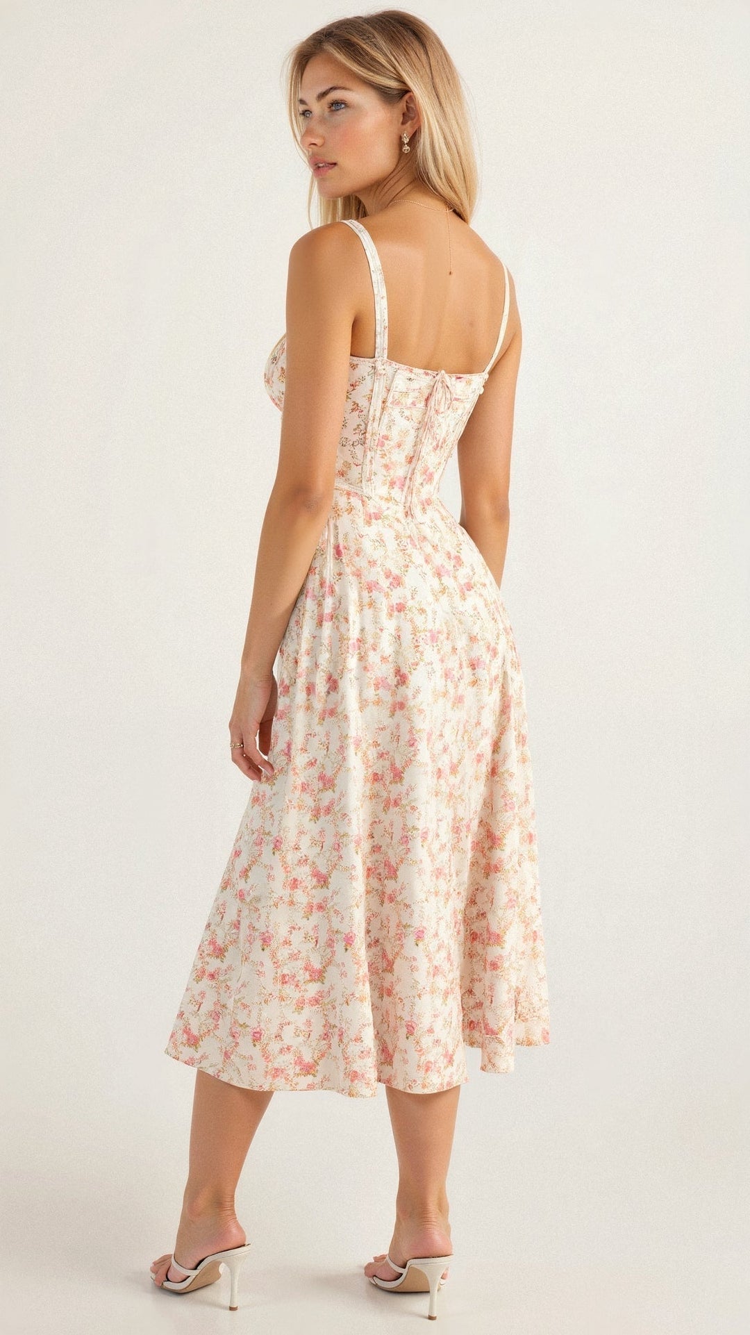 "Elegant women's corset-style waist dress with romantic sweetheart neckline and bow accent, perfect for warm-weather outings.