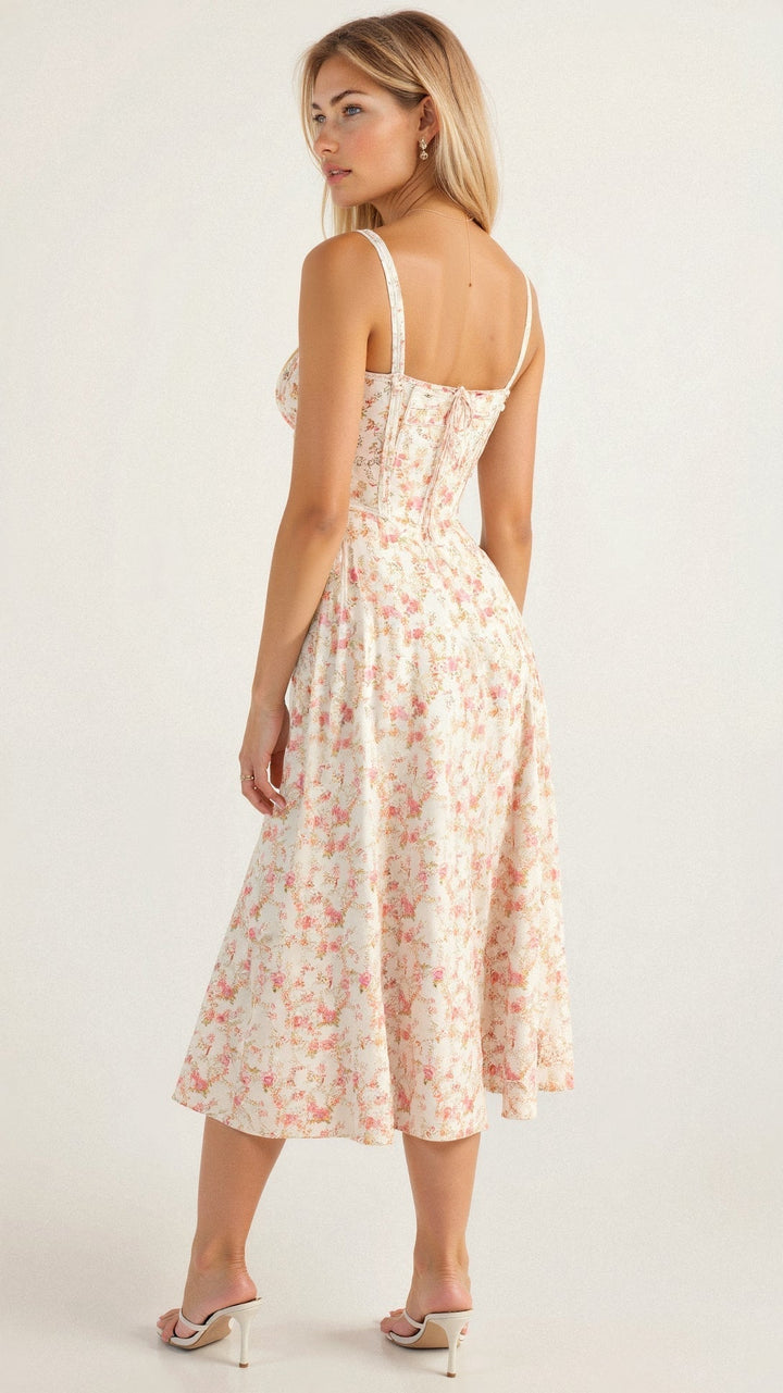 "Elegant women's corset-style waist dress with romantic sweetheart neckline and bow accent, perfect for warm-weather outings.