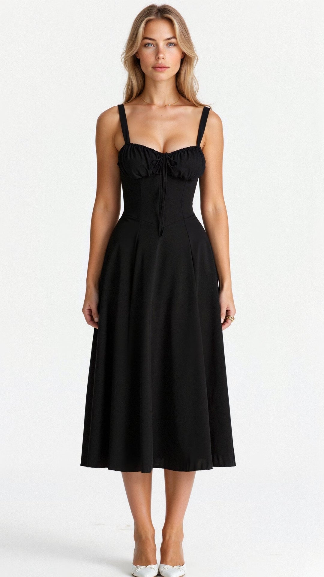 "Elegant women's corset-style waist dress with romantic sweetheart neckline and bow accent, perfect for warm-weather outings.