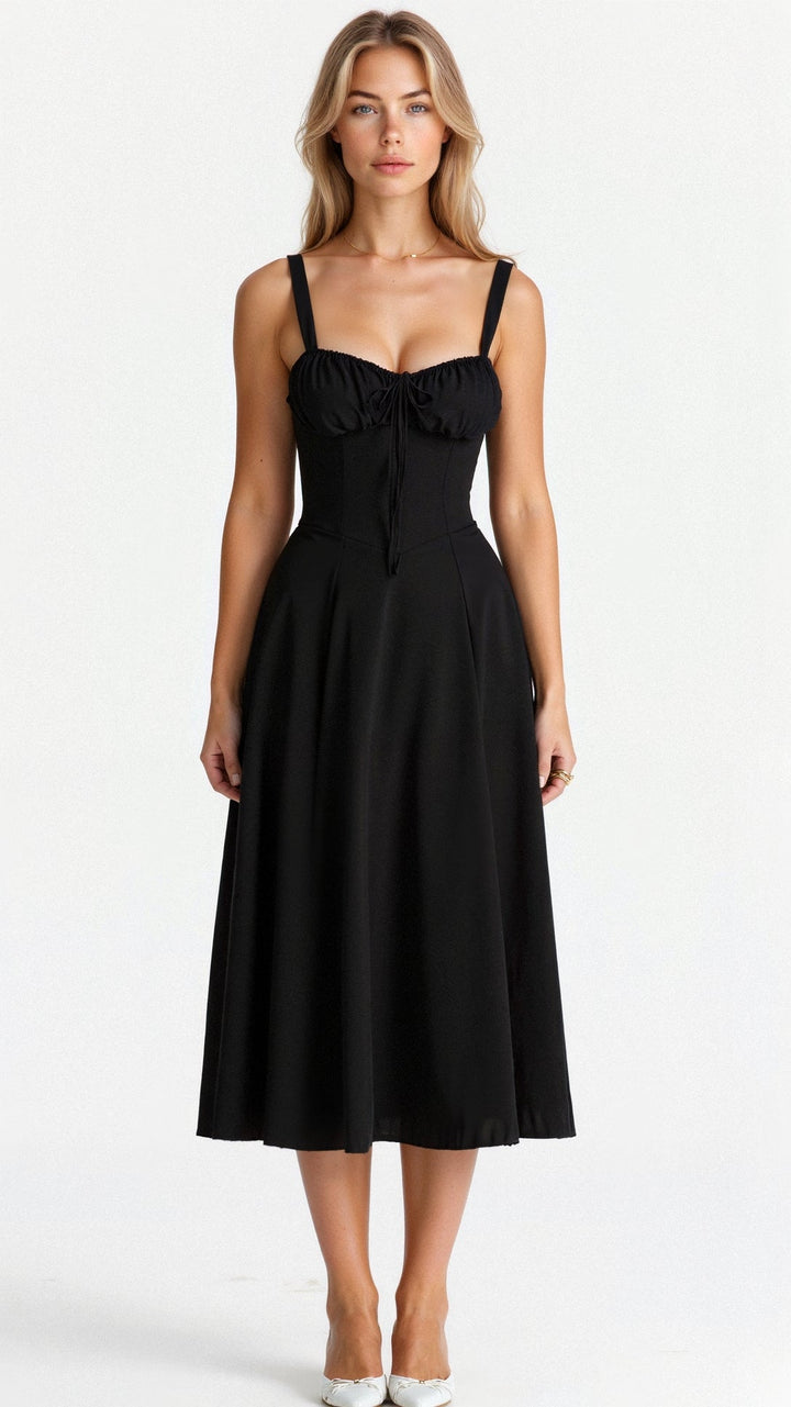 "Elegant women's corset-style waist dress with romantic sweetheart neckline and bow accent, perfect for warm-weather outings.