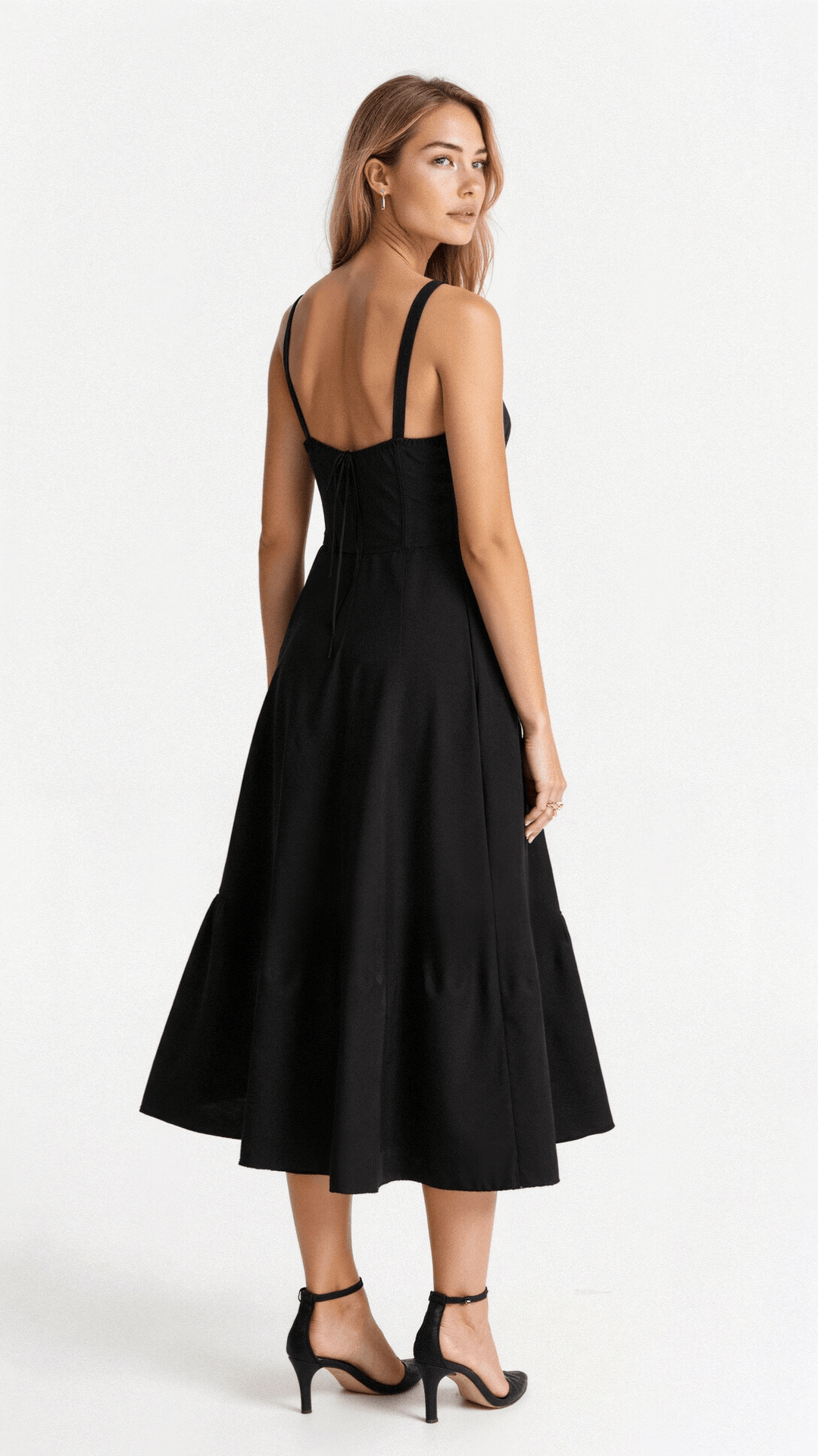 "Elegant women's corset-style waist dress with romantic sweetheart neckline and bow accent, perfect for warm-weather outings.