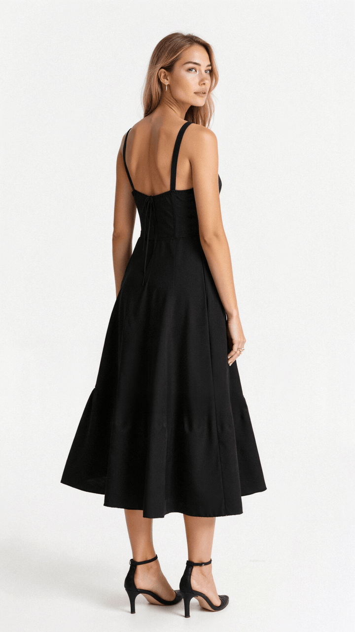 "Elegant women's corset-style waist dress with romantic sweetheart neckline and bow accent, perfect for warm-weather outings.