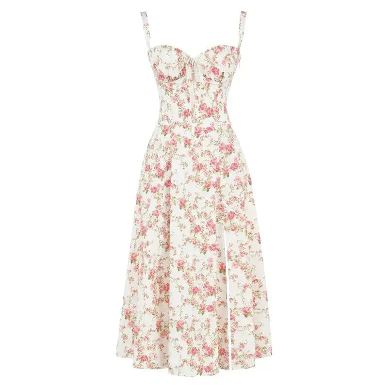 "Elegant women's corset-style waist dress with romantic sweetheart neckline and bow accent, perfect for warm-weather outings.