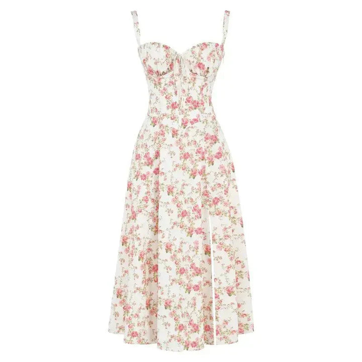 "Elegant women's corset-style waist dress with romantic sweetheart neckline and bow accent, perfect for warm-weather outings.