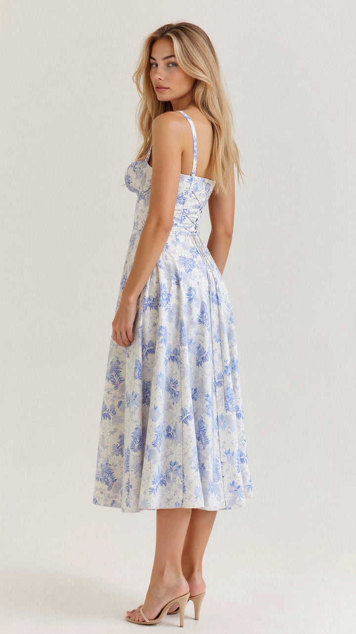 "Elegant women's corset-style waist dress with romantic sweetheart neckline and bow accent, perfect for warm-weather outings.