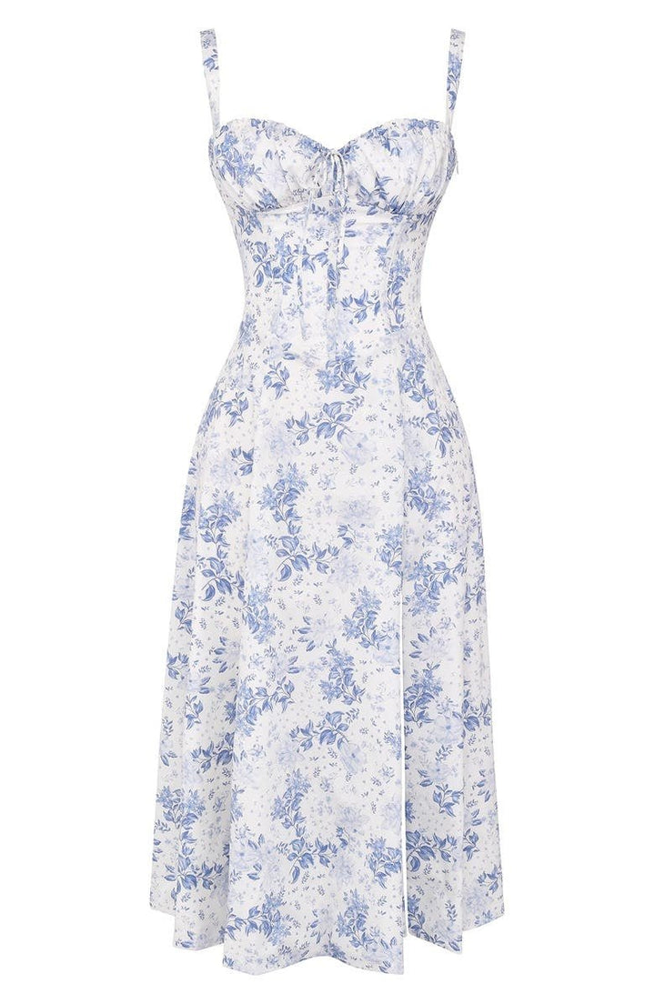 "Elegant women's corset-style waist dress with romantic sweetheart neckline and bow accent, perfect for warm-weather outings.