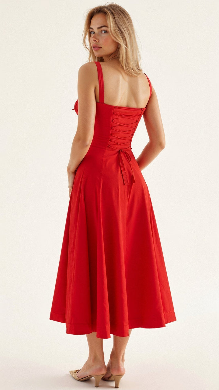 "Elegant women's corset-style waist dress with romantic sweetheart neckline and bow accent, perfect for warm-weather outings.