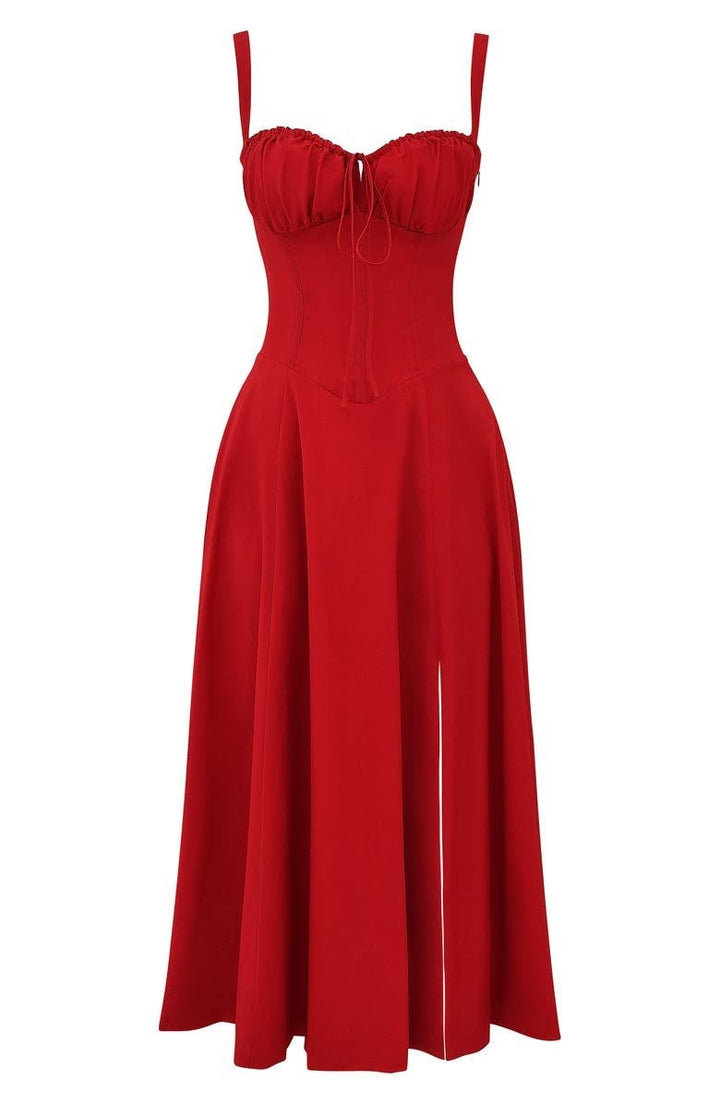 "Elegant women's corset-style waist dress with romantic sweetheart neckline and bow accent, perfect for warm-weather outings.