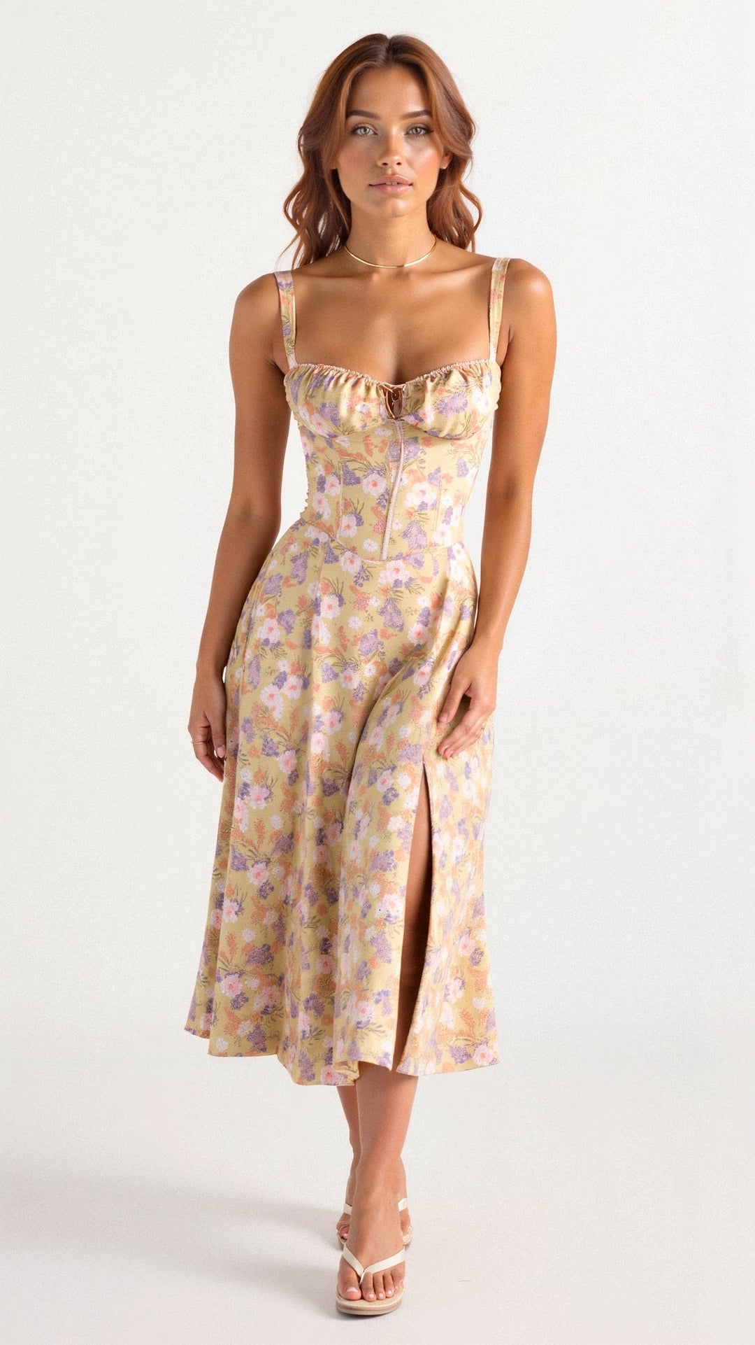 Elegant women's cotton corset midi dress with a figure-flattering top and flowy skirt, perfect for versatile occasions.
