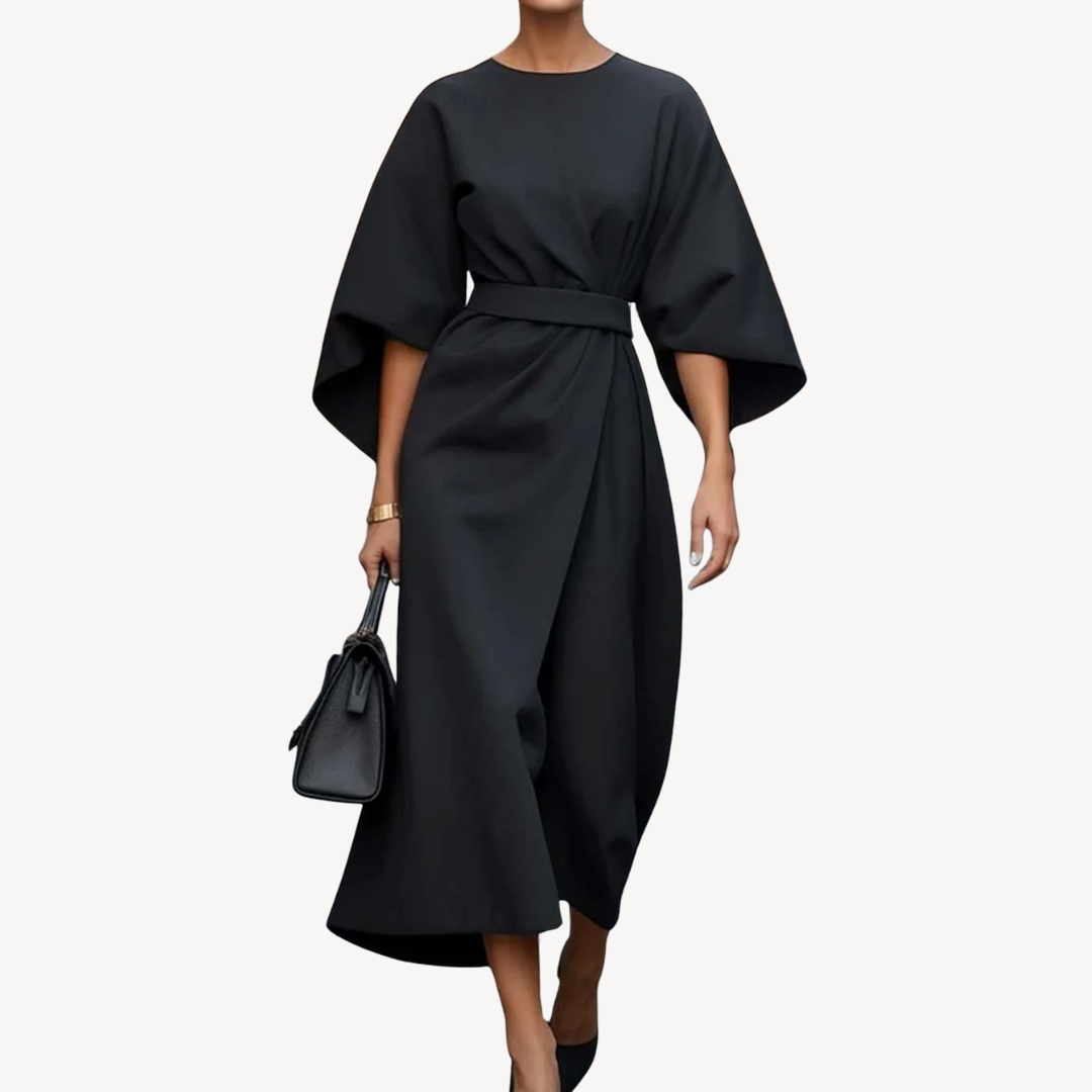 Elegant women's cotton midi dress with a belted waist, wide sleeves, and an A-line silhouette, available in various colors.