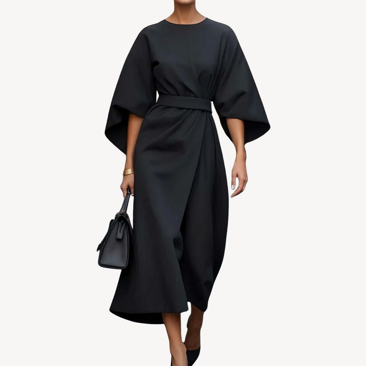 Elegant women's cotton midi dress with a belted waist, wide sleeves, and an A-line silhouette, available in various colors.