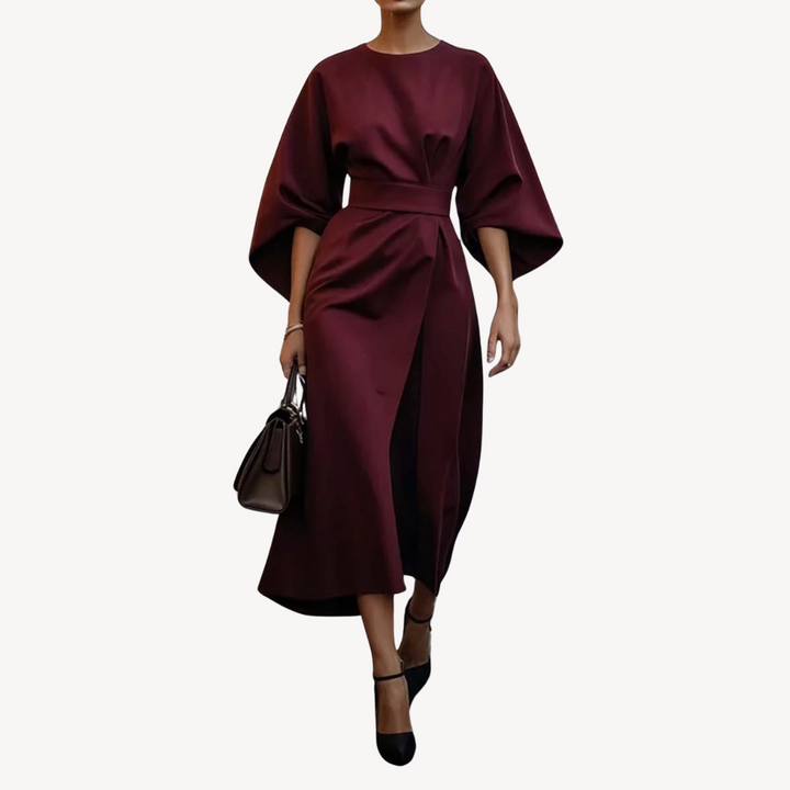 Elegant women's cotton midi dress with a belted waist, wide sleeves, and an A-line silhouette, available in various colors.
