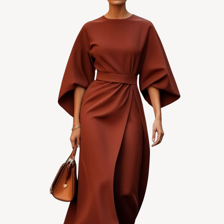 Elegant women's cotton midi dress with a belted waist, wide sleeves, and an A-line silhouette, available in various colors.