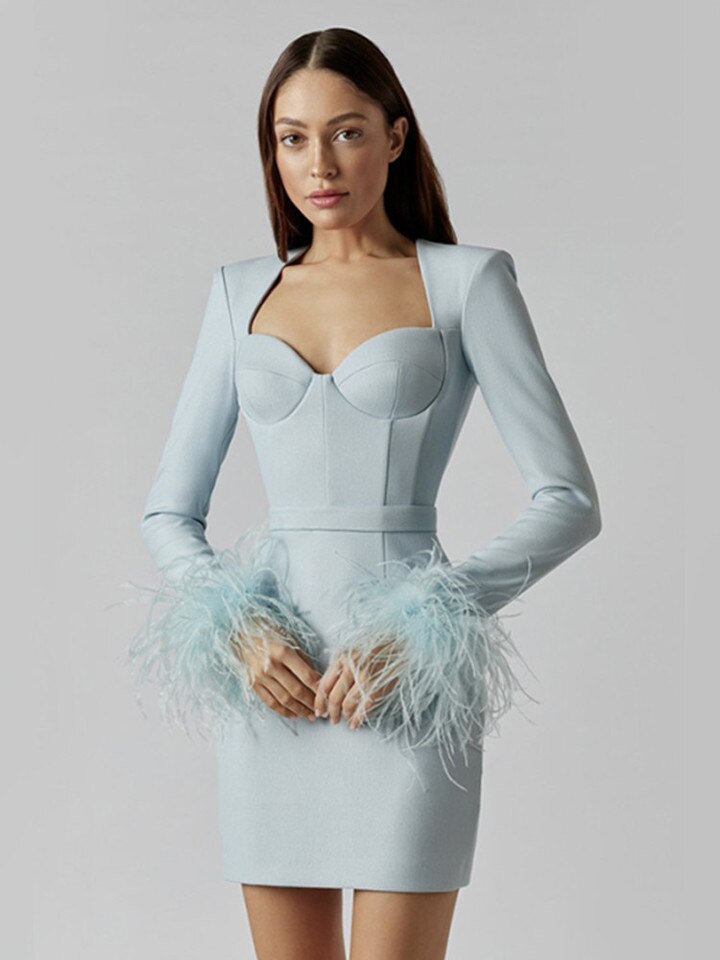 Elegant women's dress with feather details, long sleeves, and slim-fit silhouette, perfect for special occasions or evening e