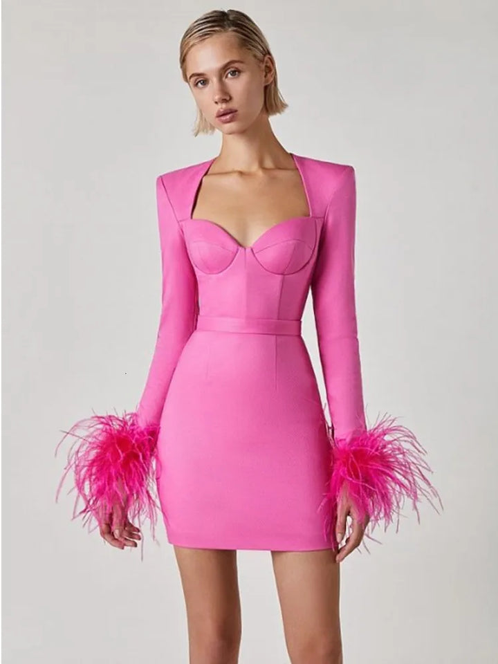 Elegant women's dress with feather details, long sleeves, and slim-fit silhouette, perfect for special occasions or evening e