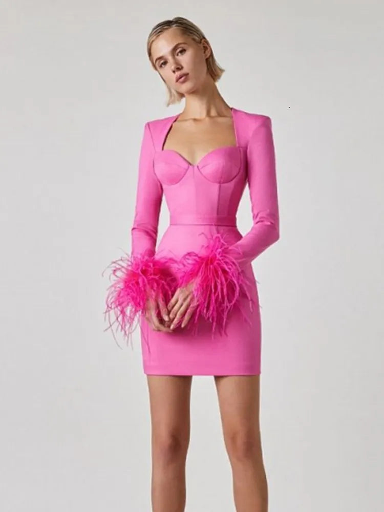 Elegant women's dress with feather details, long sleeves, and slim-fit silhouette, perfect for special occasions or evening e