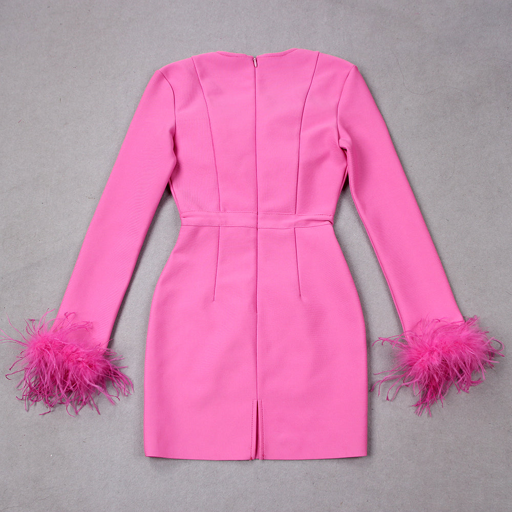 Elegant women's dress with feather details, long sleeves, and slim-fit silhouette, perfect for special occasions or evening e