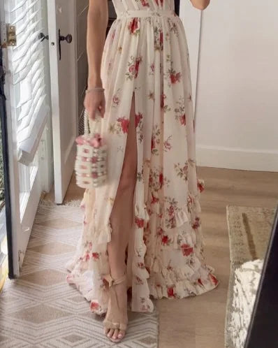 Elegant women's floral lace midi dress with intricate details, perfect for evening wear and formal occasions.