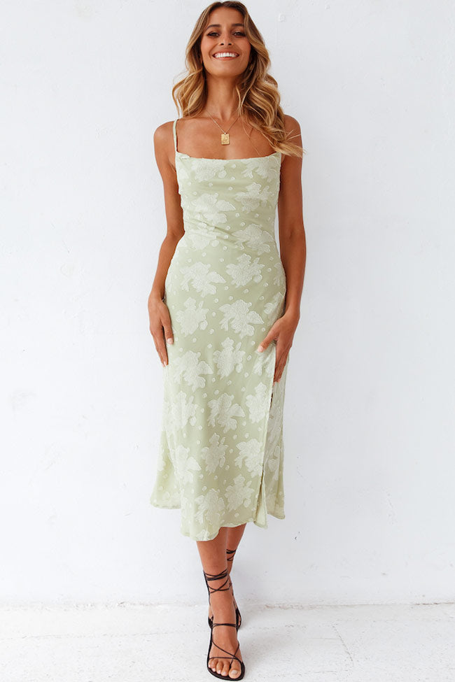 Elegant women's floral slip midi dress with cowl neck and high slit; perfect for evening wear and semi-formal events.