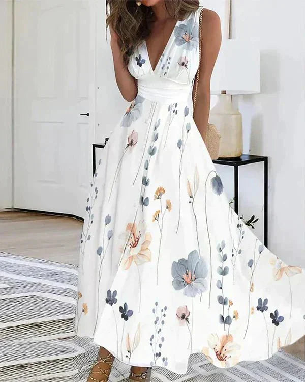 "Elegant women's floral V-neck dress with delicate pattern, perfect for casual and formal occasions, enhances style and grace