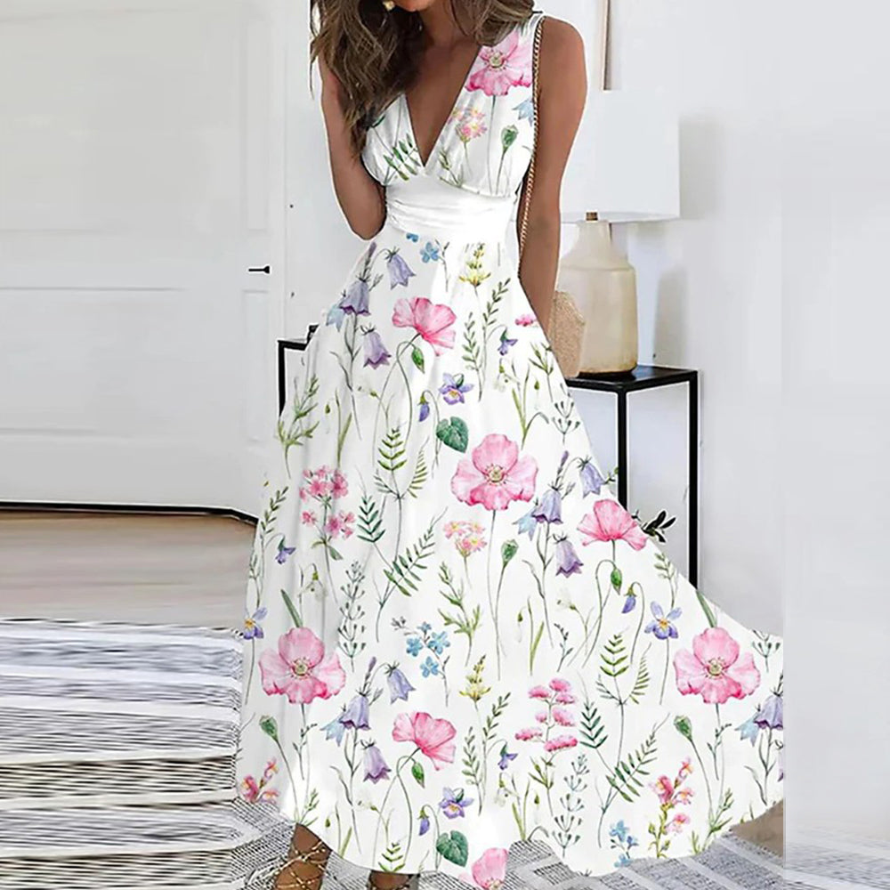 "Elegant women's floral V-neck dress with delicate pattern, perfect for casual and formal occasions, enhances style and grace