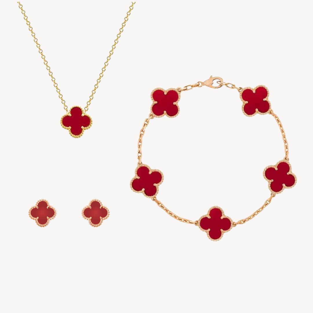 "Elegant Women's Gold-Tone Clover Jewellery Set with Necklace, Bracelet, Earrings; available in multiple colors for a stylish