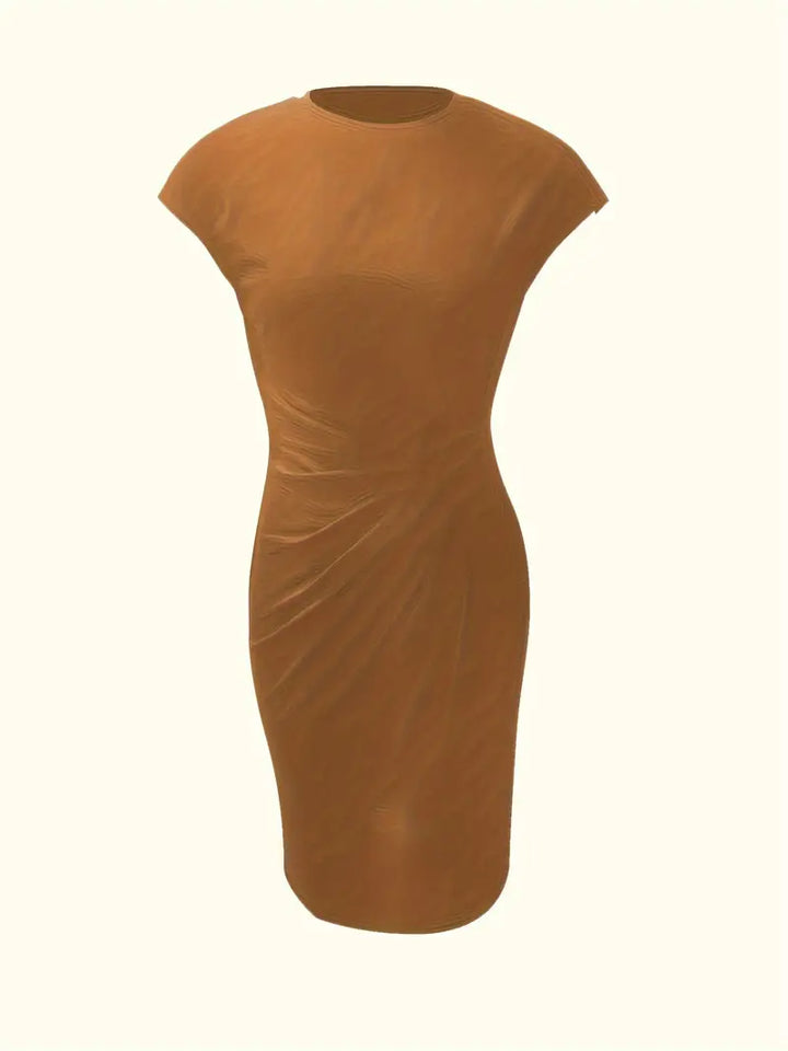 Elegant women's knee-length sheath dress with ruched waist, shown in dark green. Perfect for day-to-night wear.