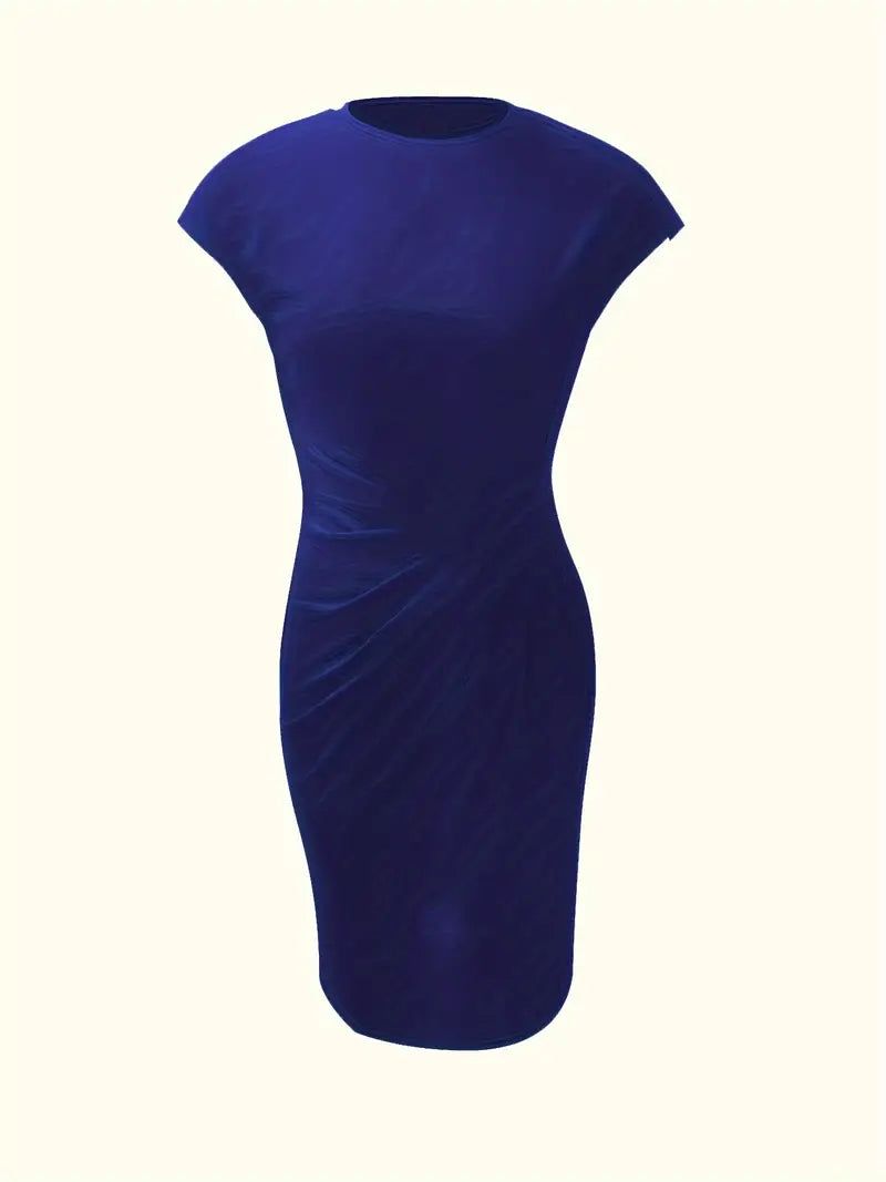 Elegant women's knee-length sheath dress with ruched waist, shown in dark green. Perfect for day-to-night wear.