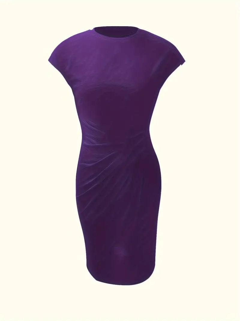 Elegant women's knee-length sheath dress with ruched waist, shown in dark green. Perfect for day-to-night wear.