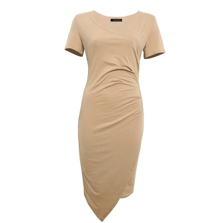 Elegant women's knee-length sheath dress with ruched waist, shown in dark green. Perfect for day-to-night wear.