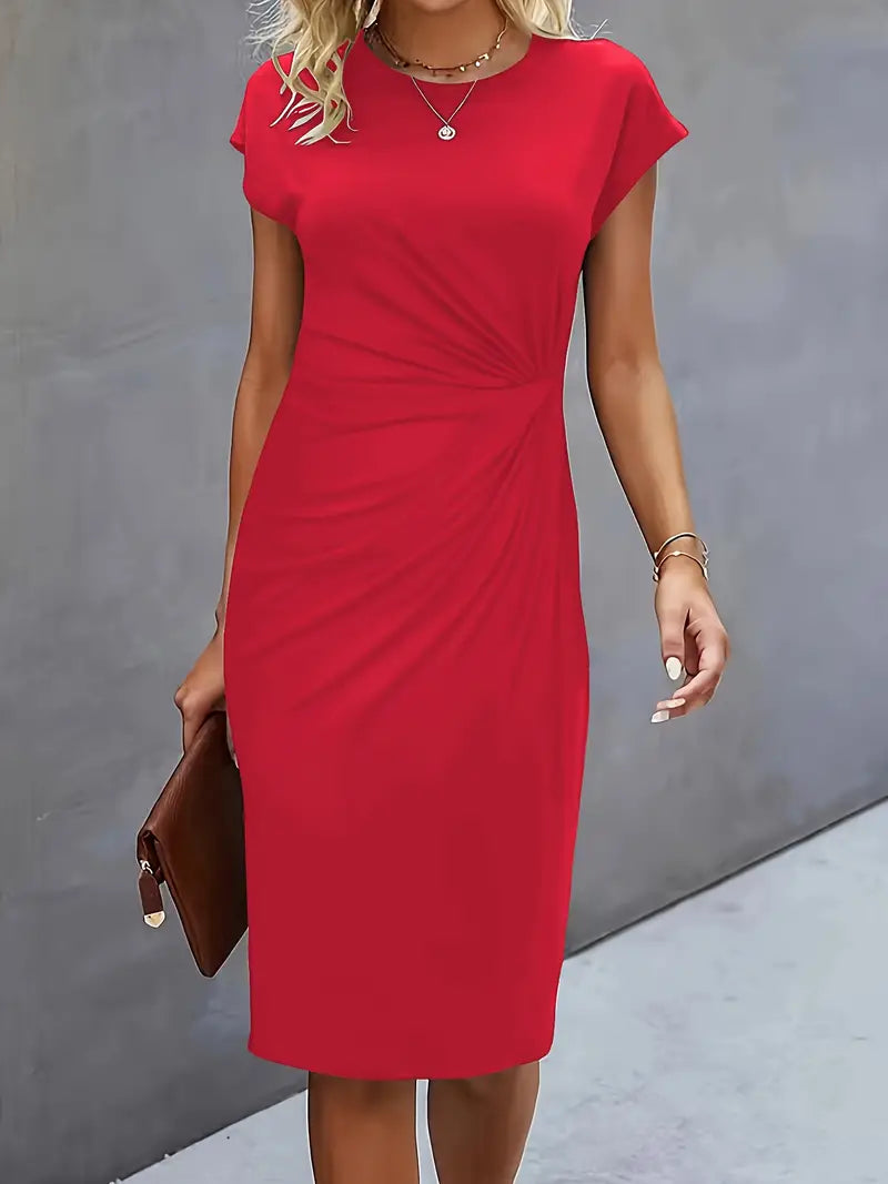 Elegant women's knee-length sheath dress with ruched waist, shown in dark green. Perfect for day-to-night wear.