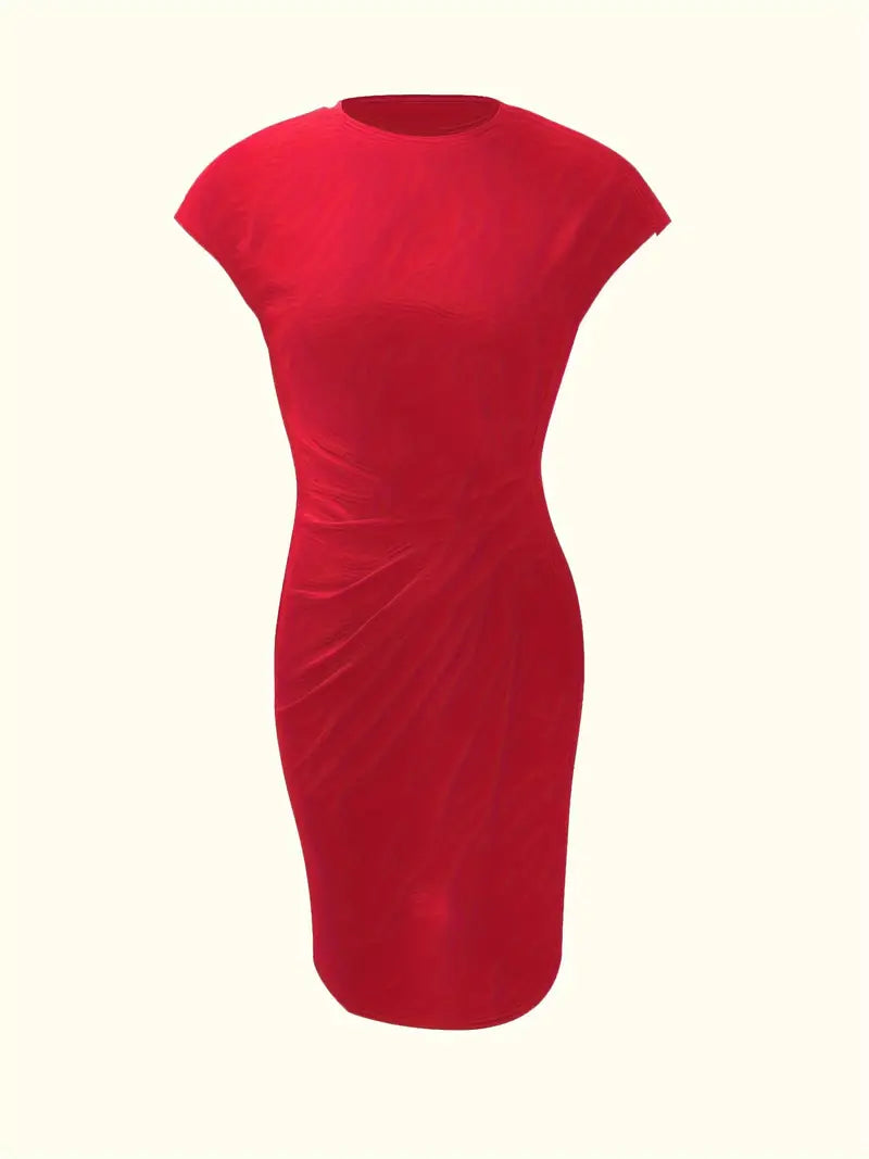 Elegant women's knee-length sheath dress with ruched waist, shown in dark green. Perfect for day-to-night wear.
