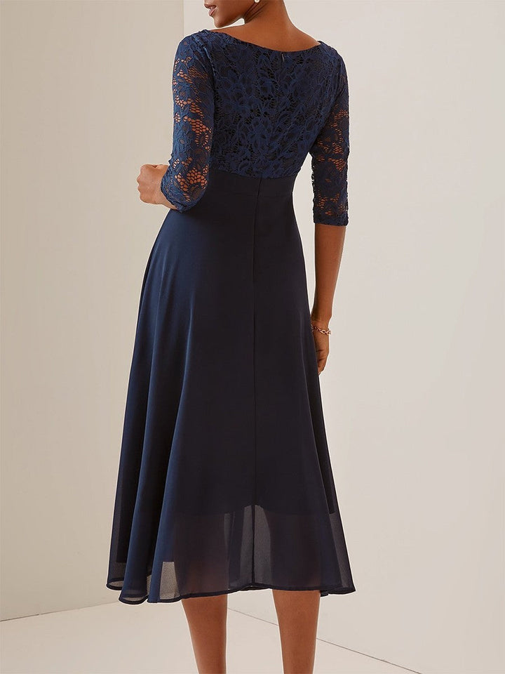Elegant women's lace midi dress with chiffon skirt, featuring a romantic lace bodice and flowing A-line chiffon skirt.