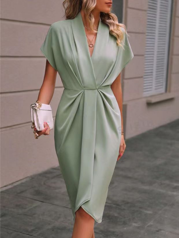 Elegant women's midi wrap dress with long sleeves in soft fabric, perfect for versatile, chic wear.