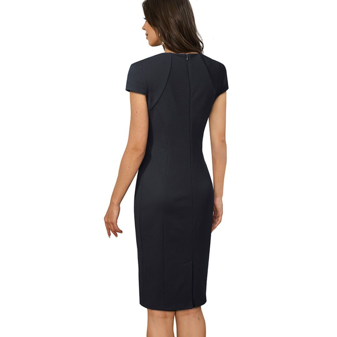 "Elegant women's pencil dress with square neck and short sleeves, tailored fit highlights silhouette, perfect for formal wear