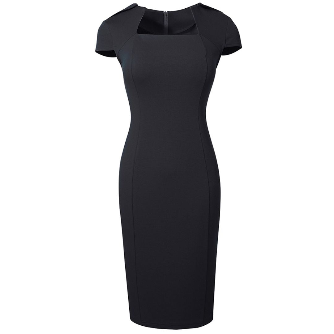 "Elegant women's pencil dress with square neck and short sleeves, tailored fit highlights silhouette, perfect for formal wear
