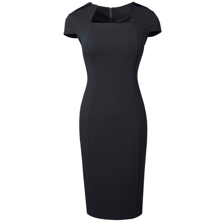 "Elegant women's pencil dress with square neck and short sleeves, tailored fit highlights silhouette, perfect for formal wear