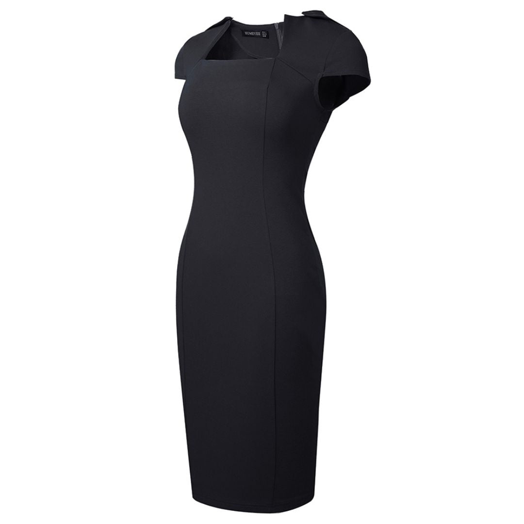 "Elegant women's pencil dress with square neck and short sleeves, tailored fit highlights silhouette, perfect for formal wear