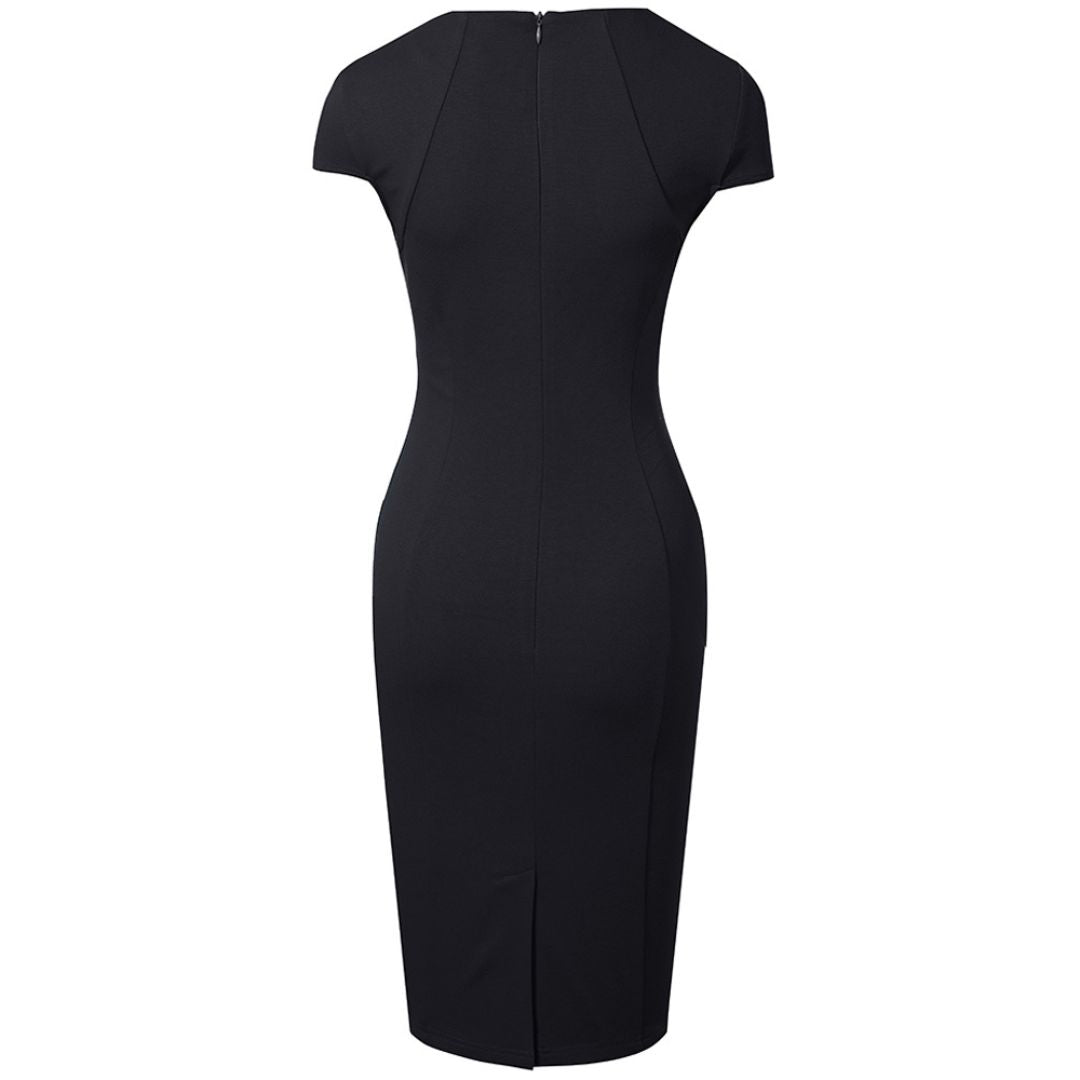 "Elegant women's pencil dress with square neck and short sleeves, tailored fit highlights silhouette, perfect for formal wear