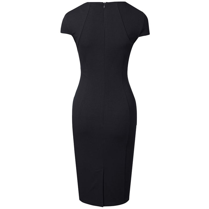 "Elegant women's pencil dress with square neck and short sleeves, tailored fit highlights silhouette, perfect for formal wear