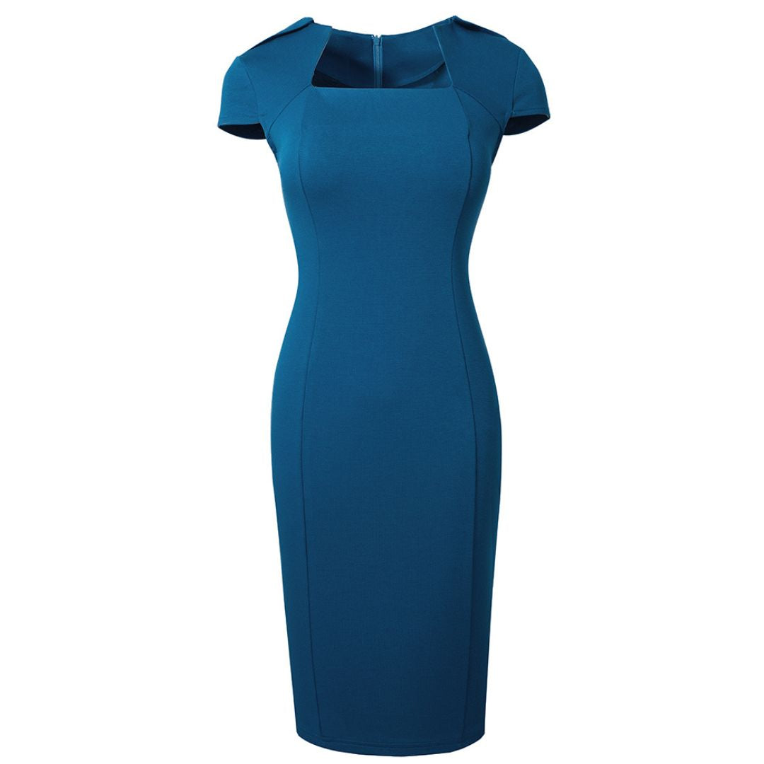 "Elegant women's pencil dress with square neck and short sleeves, tailored fit highlights silhouette, perfect for formal wear