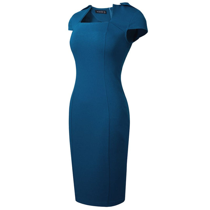 "Elegant women's pencil dress with square neck and short sleeves, tailored fit highlights silhouette, perfect for formal wear