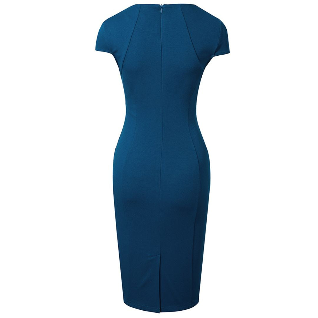 "Elegant women's pencil dress with square neck and short sleeves, tailored fit highlights silhouette, perfect for formal wear
