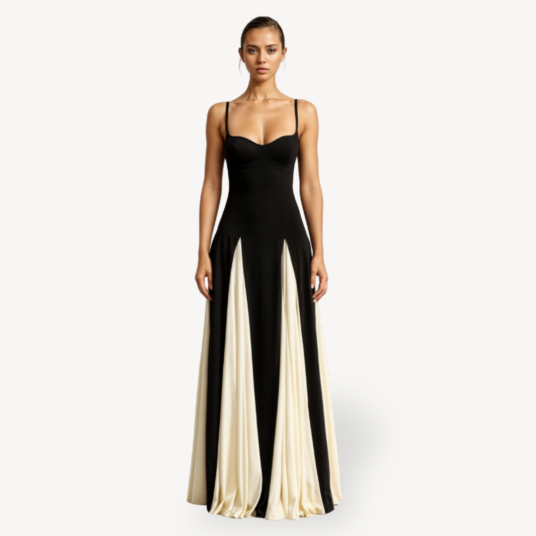 "Elegant women's satin maxi dress with spaghetti straps, black and ivory, flowing skirt, perfect for formal occasions."